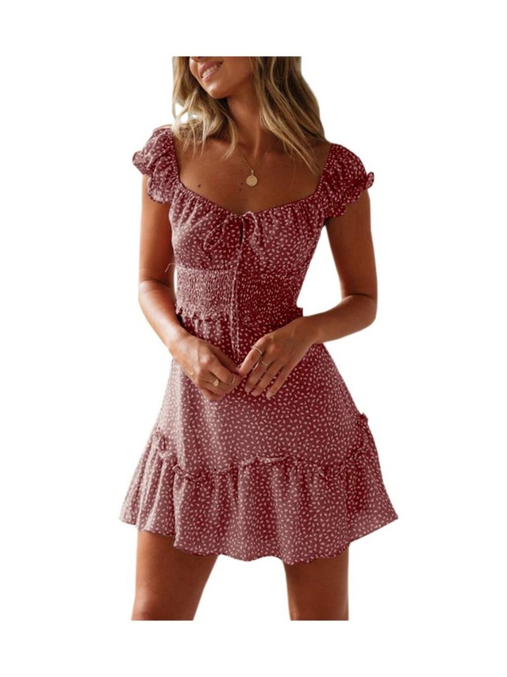 Women Summer Sundress Cap Sleeve Sweetheart Neck Print Mini Dress